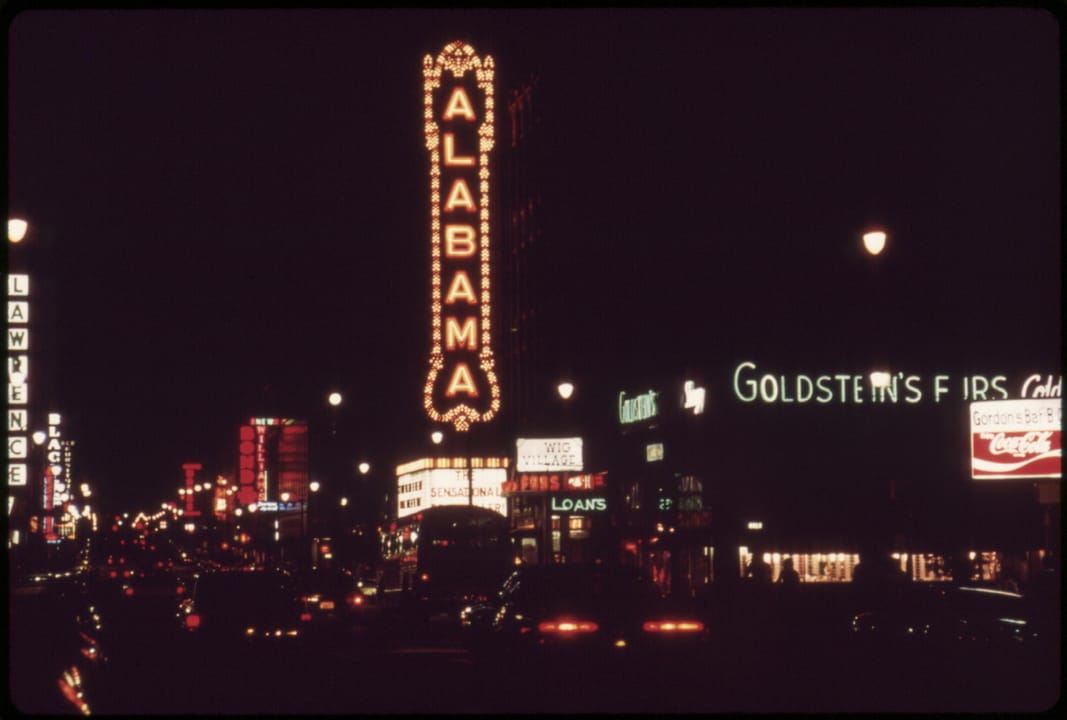 The 1927 Alabama Theatre marquee on 3rd Avenue North in downtown Birmingham