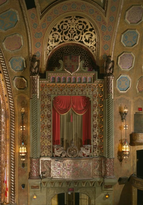 The ornate organ screen flanking the stage at the Alabama Theatre, home to the theatre's "Mighty Wurlitzer" pipe organ, Birmingham, Alabama, 1996.
