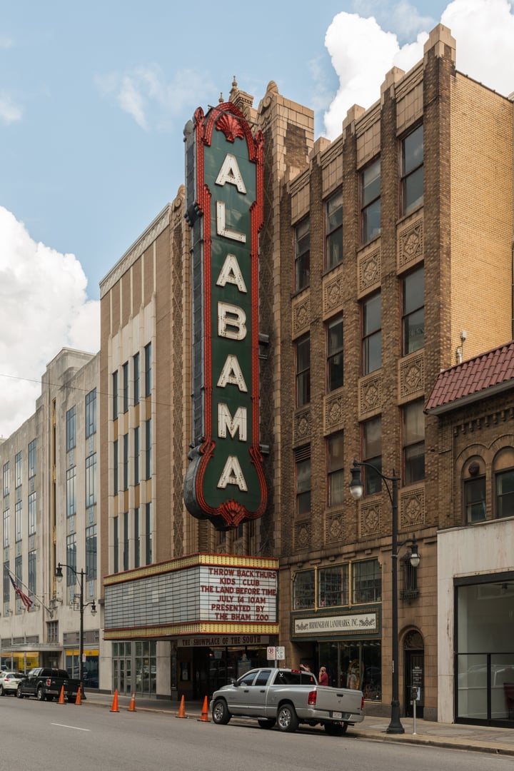 The 1927 Alabama Theatre marquee on 3rd Avenue North in downtown Birmingham