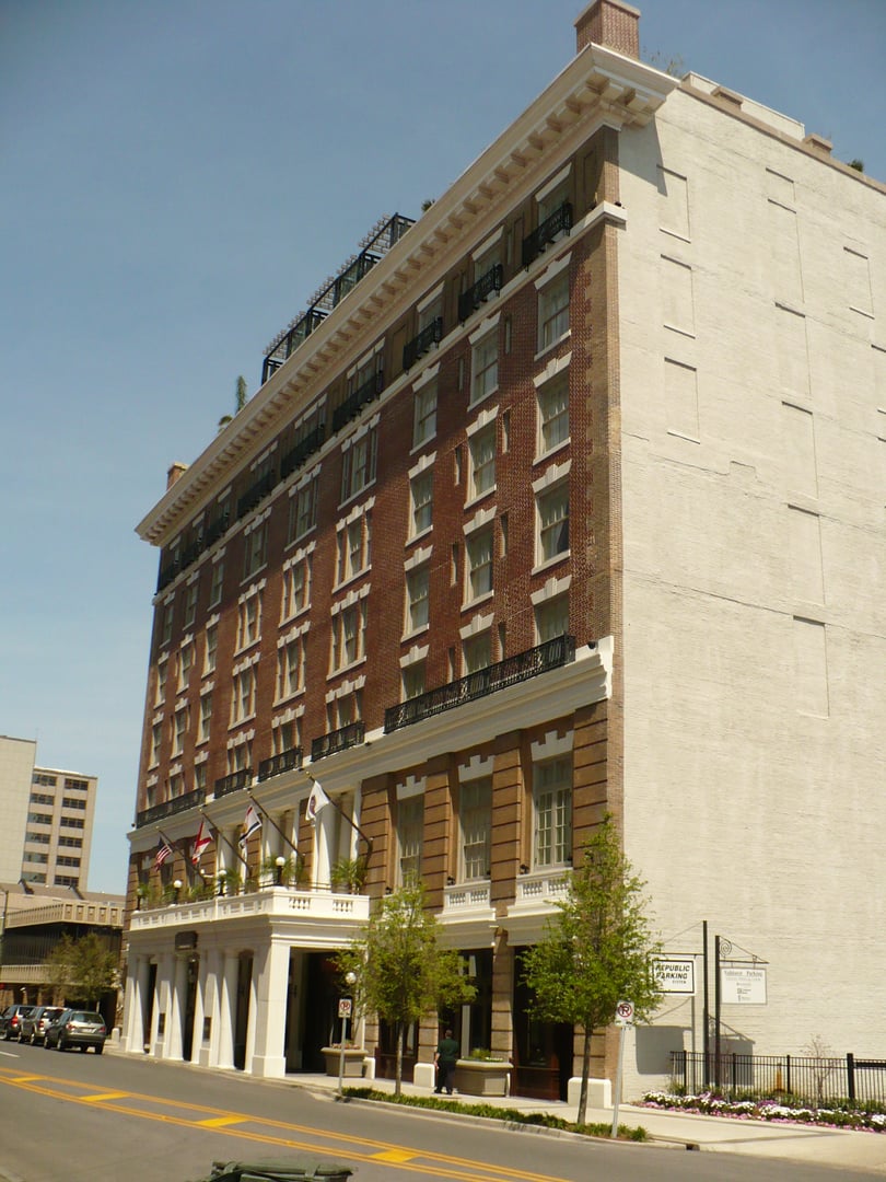 East view from Royal Street of the 1908 Battle House Hotel in Mobile, Alabama, a steel-frame replacement of an 1852 hotel built on Andrew Jackson's 1814 headquarters site.