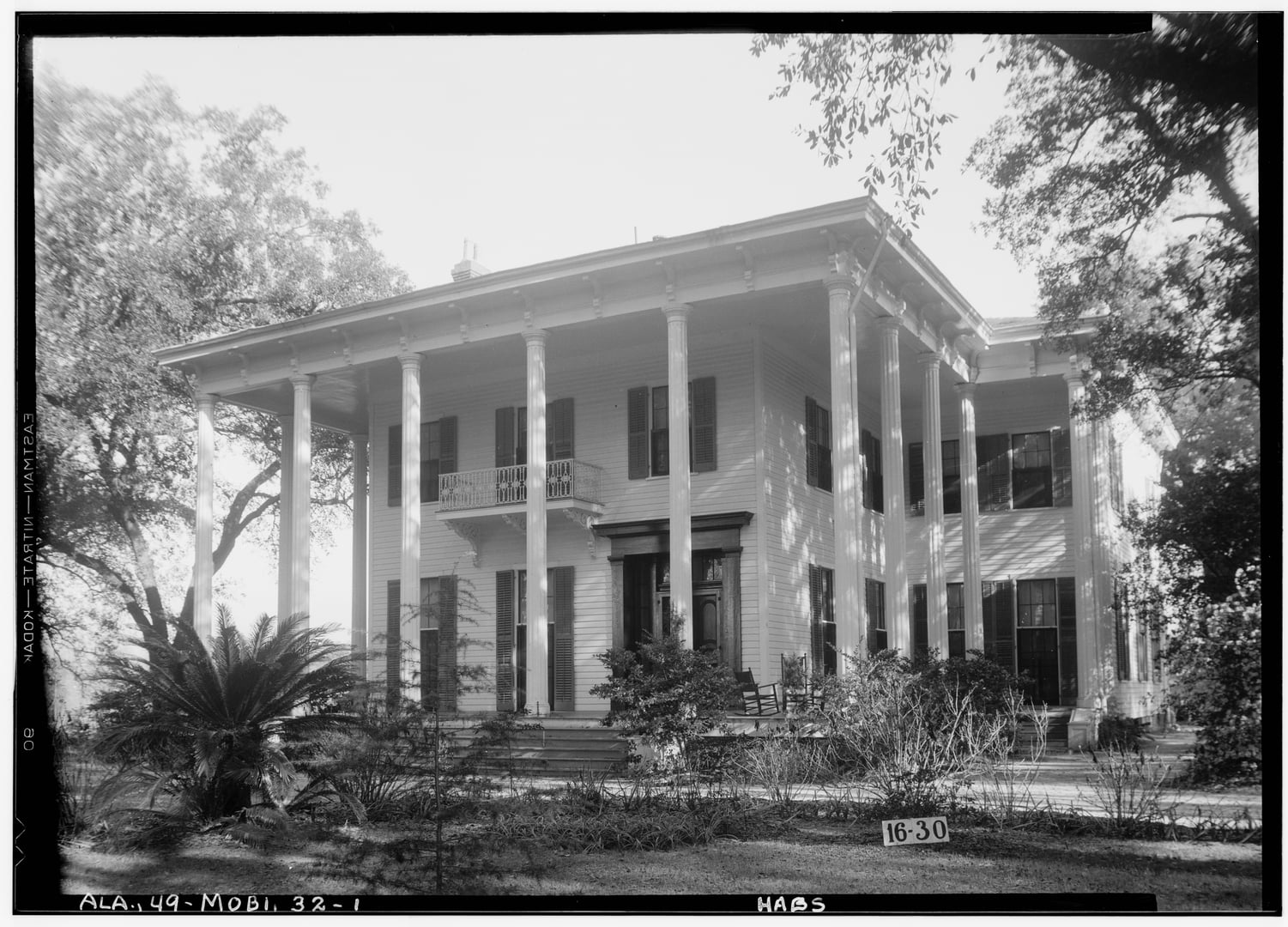 1934 HABS photograph showing the south front of the Greek Revival Bragg-Mitchell Mansion (Judge John Bragg House) on Spring Hill Avenue in Mobile, Alabama