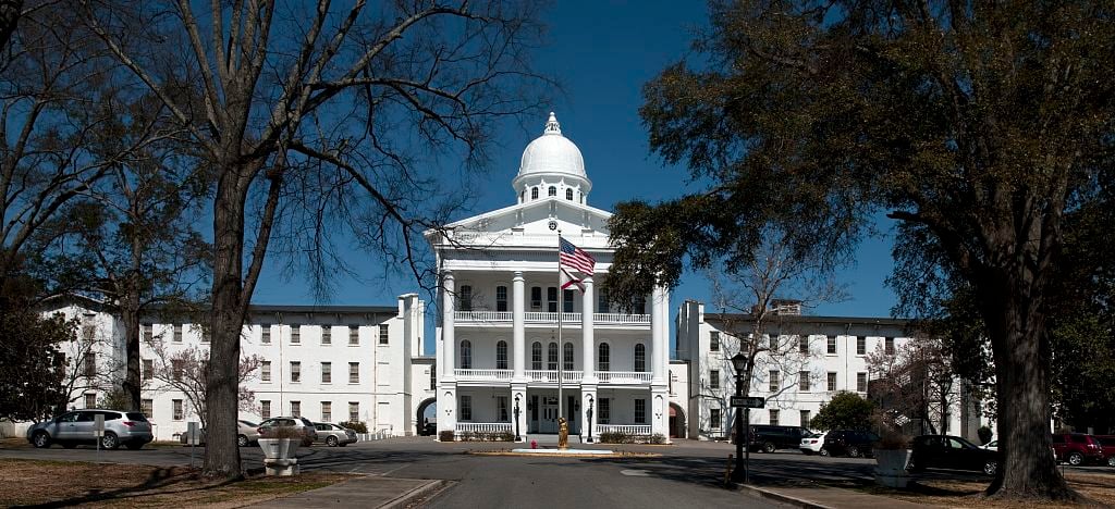 Kirkbride-plan facade of historic Bryce Hospital, opened in 1861 in Tuscaloosa, Alabama