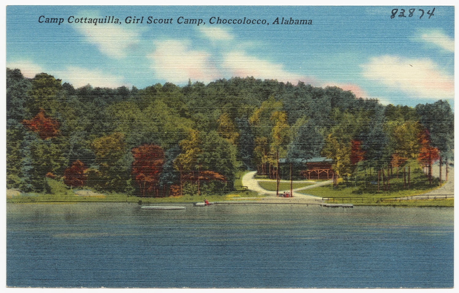 File name: 06_10_012860
Title: Camp Cottaquilla, Girl Scout Camp, Choccolocco, Alabama
Created/Published:
Date issued: 1930 - 1945 (approximate)
Physical description: 1 print (postcard) : linen texture, color ; 3 1/2 x 5 1/2 in.
Genre: Postcards 
Subject: Cabins; Lakes &amp; ponds
Notes: Title from 