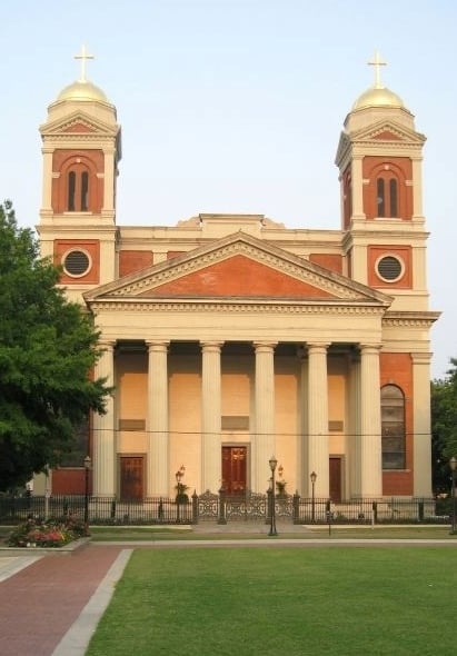 Cathedral Basilica of the Immaculate Conception facing Cathedral Square (the former Campo Santo burial site) in downtown Mobile, Alabama.