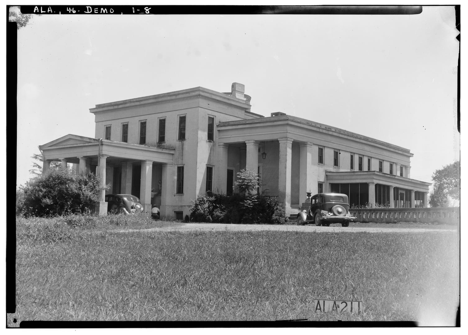 HABS 1936 photograph showing the north and east sides of Gaineswood, the Greek Revival plantation house designed by Nathan Bryan Whitfield in Demopolis, Alabama