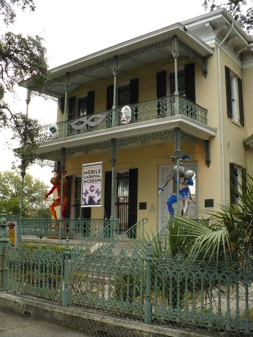 Restored 1872 Bernstein-Bush House at 355 Government Street housing the Mobile Carnival Museum, chronicling more than 300 years of Mardi Gras in Mobile, Alabama.