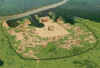 Aerial illustration of Moundville Archaeological Park showing the Mississippian-culture earthwork plaza and platform mounds in Hale County, Alabama.