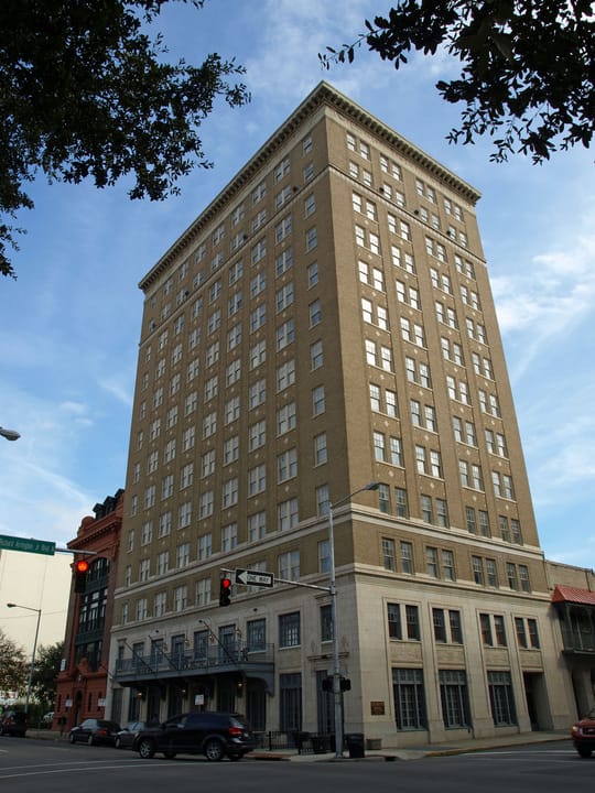 A straight-on view of the Redmont Hotel's full 14-story facade in downtown Birmingham, Alabama, November 2011.