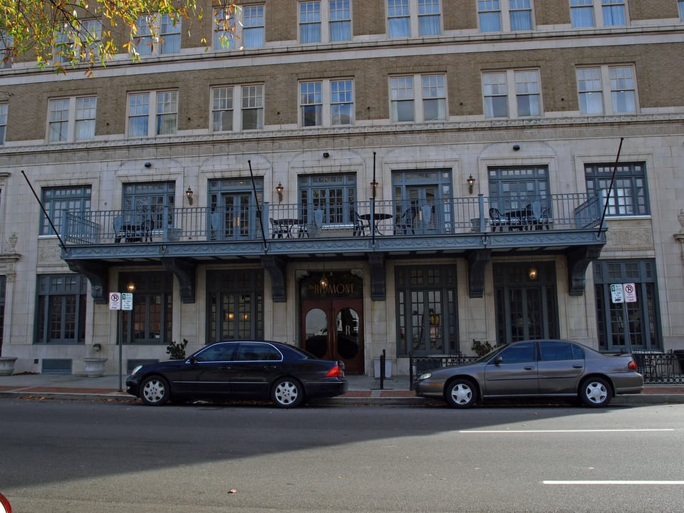 Street-level view of the Redmont Hotel's ground-floor entrance and iron balconies in downtown Birmingham, Alabama, November 2011.