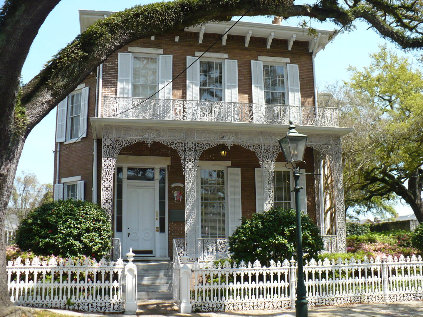 Ornate Italianate brick Richards-DAR House Museum at 256 Joachim Street in Mobile, Alabama's De Tonti Square Historic District, completed in 1860.