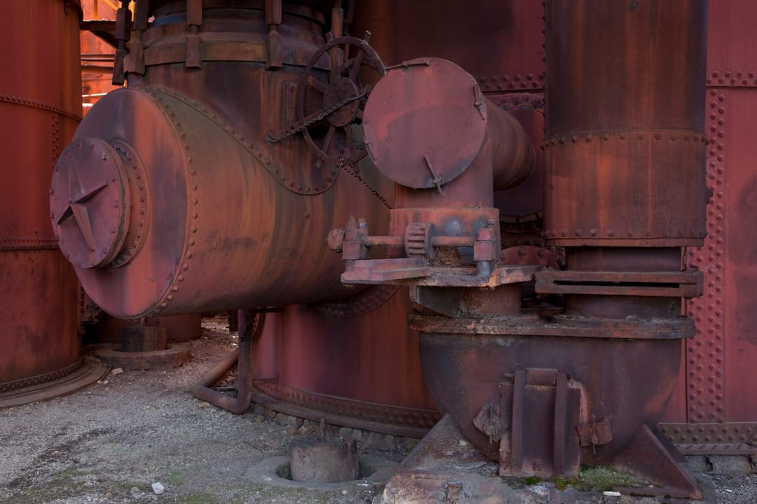 A close detail of a riveted blast-furnace stove component at Sloss Furnaces, Birmingham, Alabama, 2010.