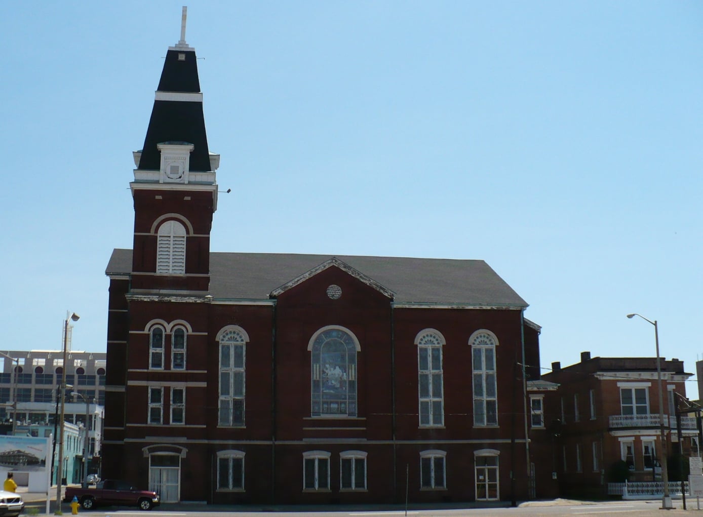 St. Francis Street Methodist Church 1895 Queen Anne brick facade, now The Steeple on St. Francis venue, in Mobile, Alabama