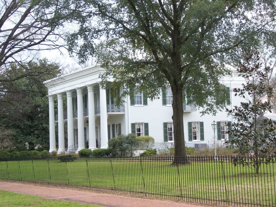 The Greek Revival columned facade of Sturdivant Hall, a 1856 mansion in Selma, Alabama
