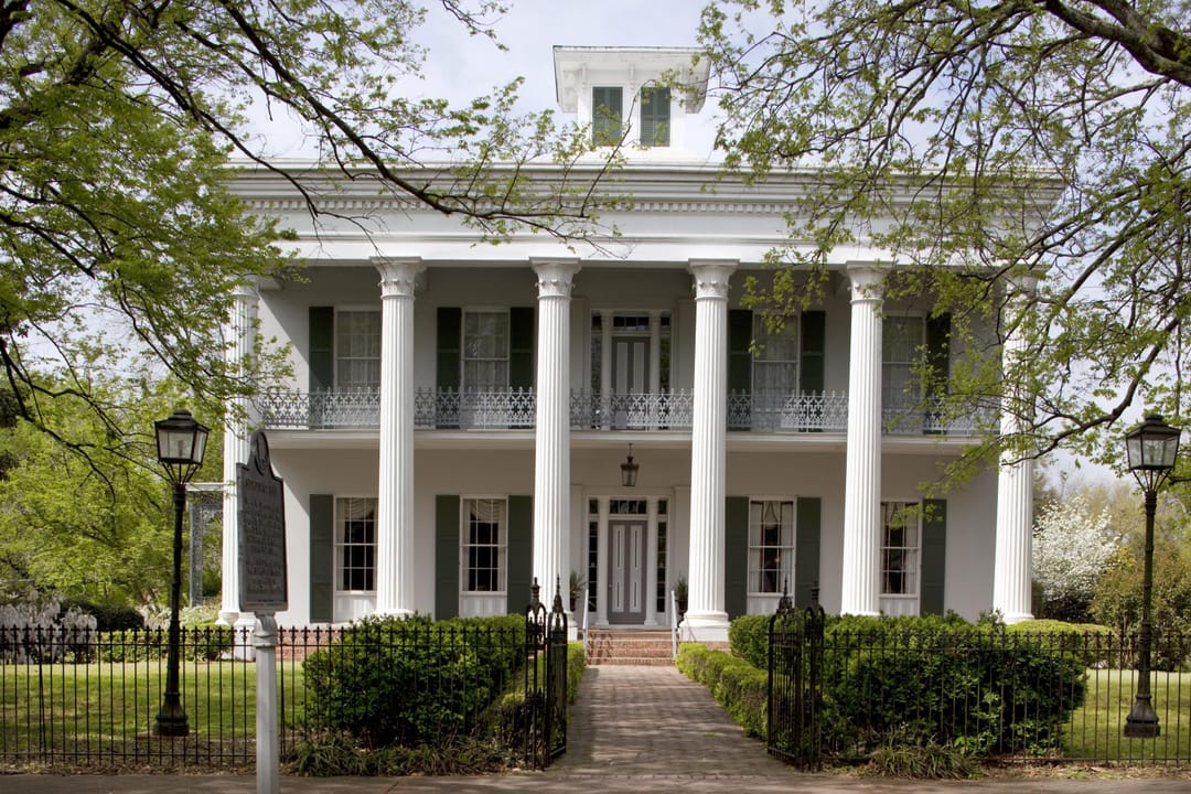 The formal front portico and columns of Sturdivant Hall, Selma, Alabama, seen through the entrance gate, spring 2010 (Carol M. Highsmith, George F. Landegger Collection of Alabama Photographs, Library of Congress).