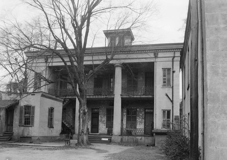 Rear view of Sturdivant Hall (then the Watts-Parkman-Gillman House), showing the kitchen wing, Selma, Alabama, photographed 1934 for the Historic American Buildings Survey (HABS ALA,24-SEL,1-3).