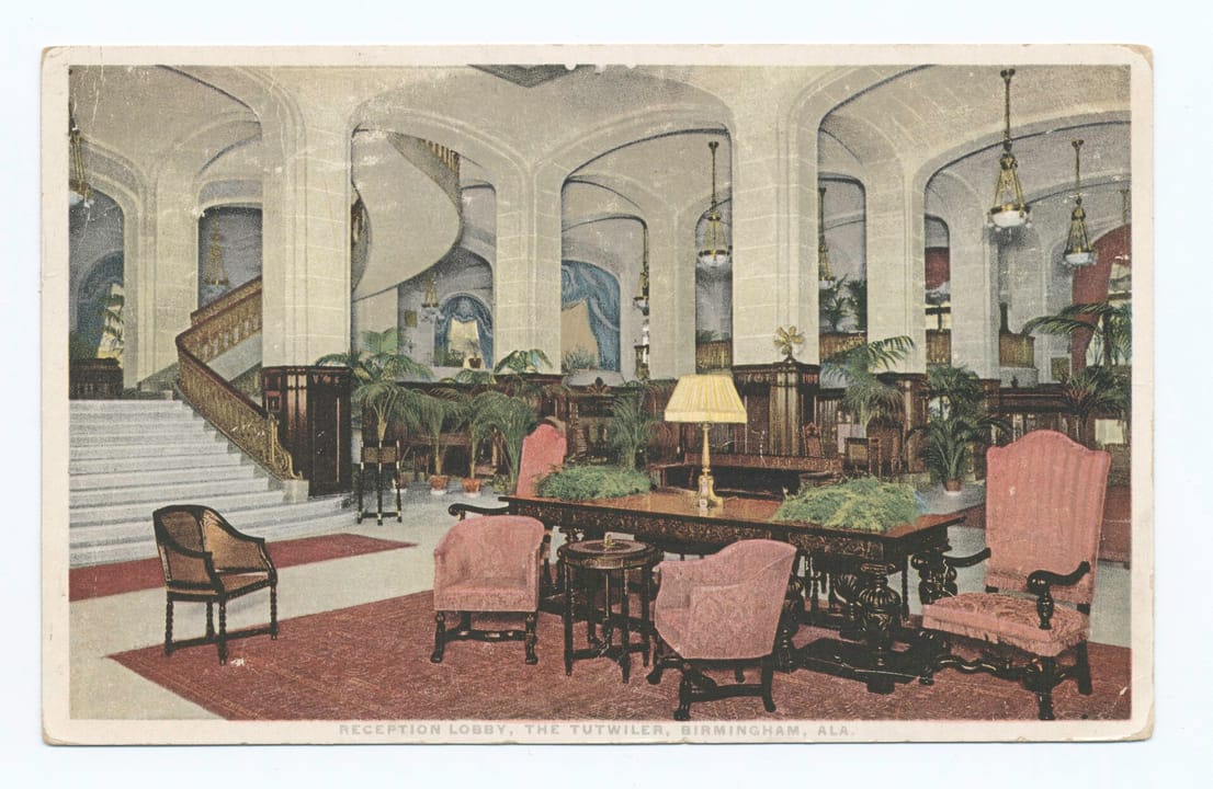The Tutwiler's reception lobby, Birmingham, Alabama, on a colour postcard from the hotel's early decades (NYPL collection).