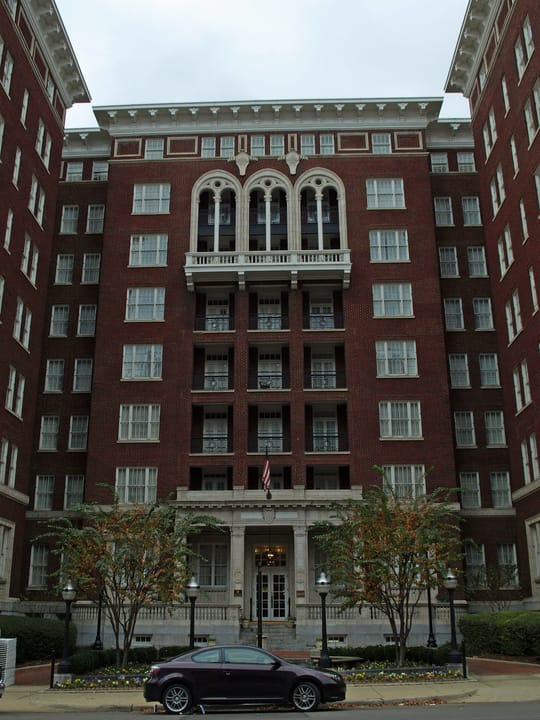 A straight-on frontal view of the Tutwiler Hotel's main entrance, Birmingham, Alabama, November 2011.