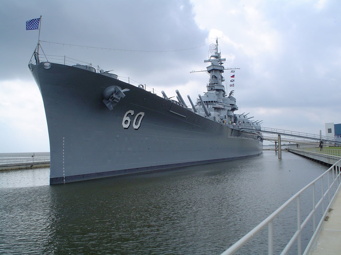 USS Alabama battleship at permanent berth in Battleship Memorial Park, Mobile, Alabama, viewed from shore
