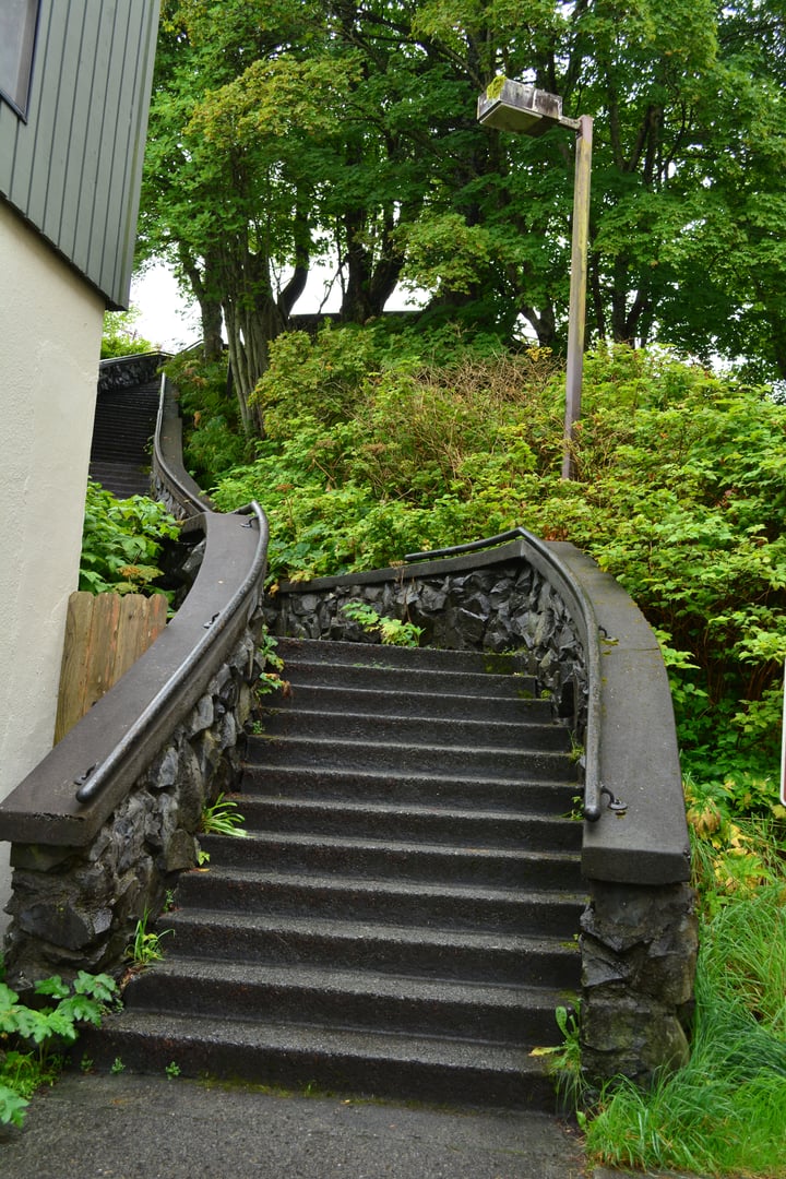 Stone steps leading from Lincoln Street up to Castle Hill in Sitka, Alaska