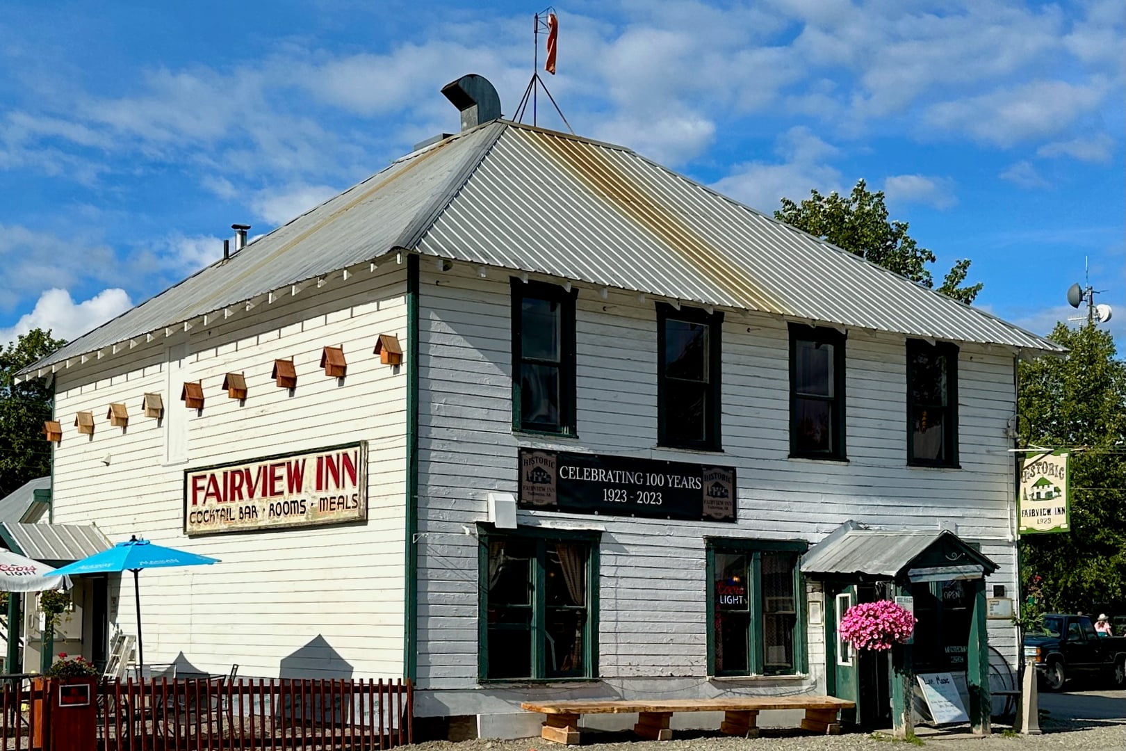 The historic Fairview Inn, a two-story frame building from 1923, on Main Street in Talkeetna, Alaska.