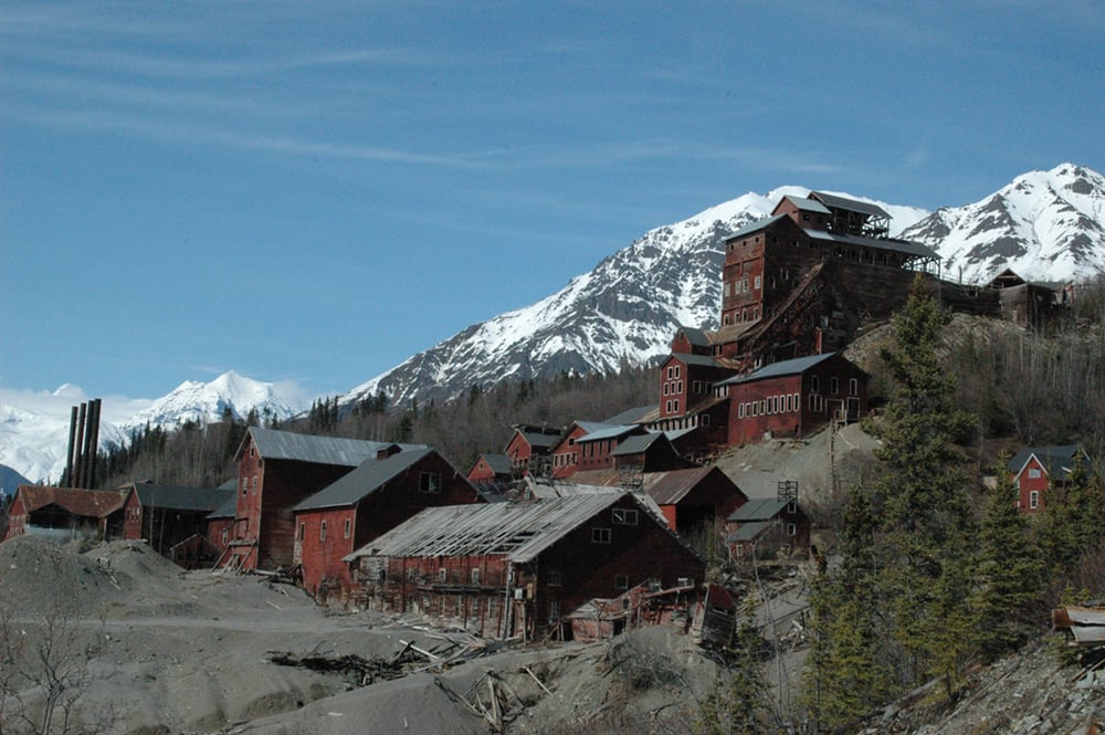The 14-story Kennicott concentration mill at the Kennecott copper mine ghost town in Wrangell-St. Elias National Park, Alaska