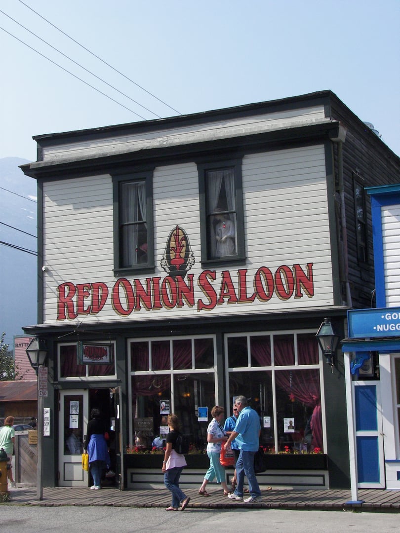 The Red Onion Saloon, a former brothel and current museum, at Broadway and Second Avenue in Skagway, Alaska.