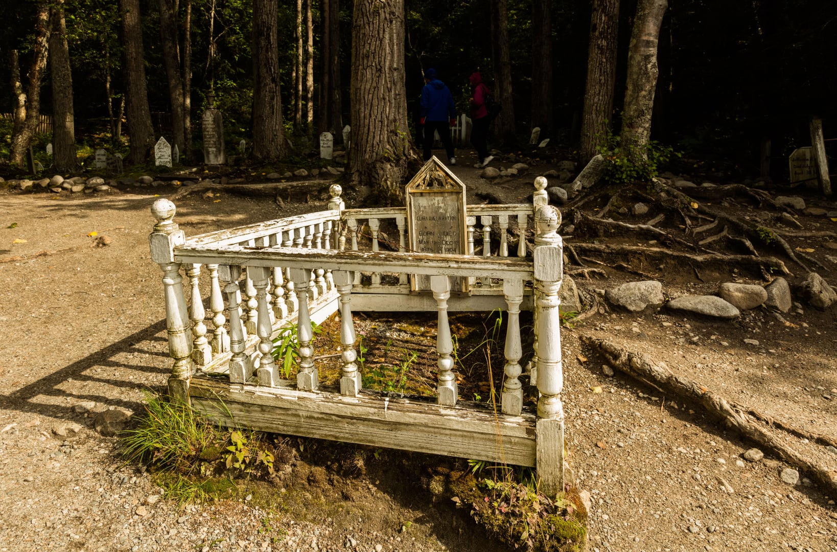Headstones in the Gold Rush Cemetery on a wooded hillside in Skagway, Alaska.