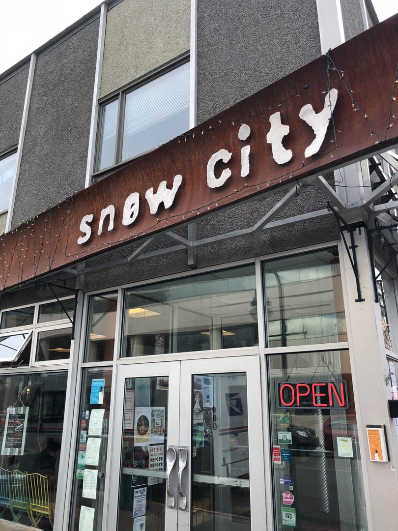Exterior of Snow City Cafe at 1034 West 4th Avenue, the corner of 4th and L Street, in downtown Anchorage, Alaska