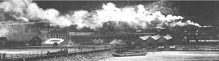Historic photograph of the Treadwell Gold Mine on Douglas Island, Alaska, taken between 1880 and 1890.