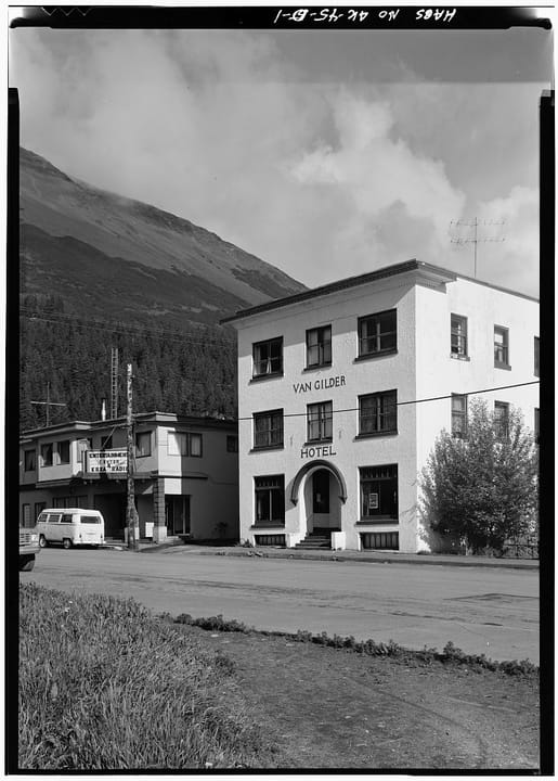 Historic HABS photograph of the Van Gilder Hotel in Seward, Alaska, an oblique view of the front and side of the building.