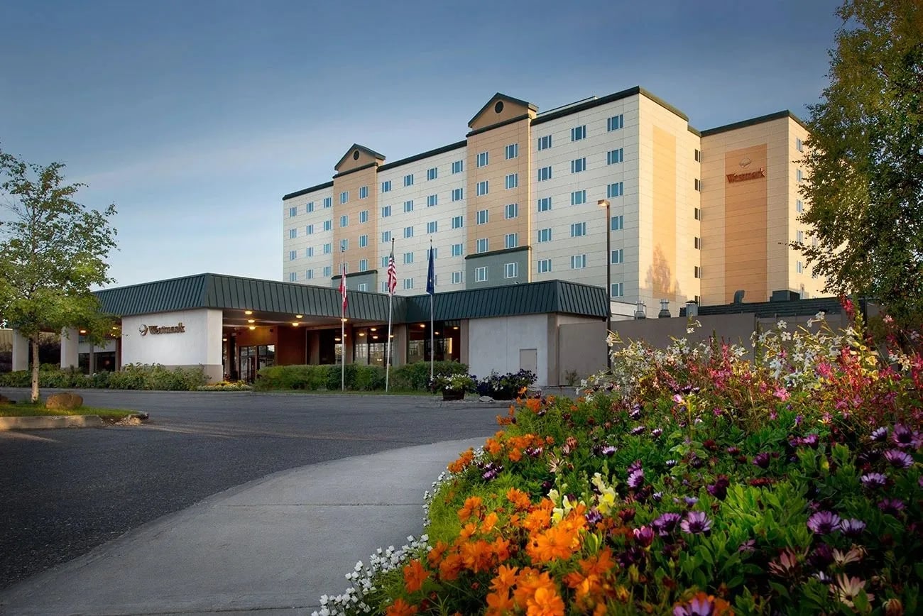 Multi-story modern hotel exterior in downtown Fairbanks, Alaska