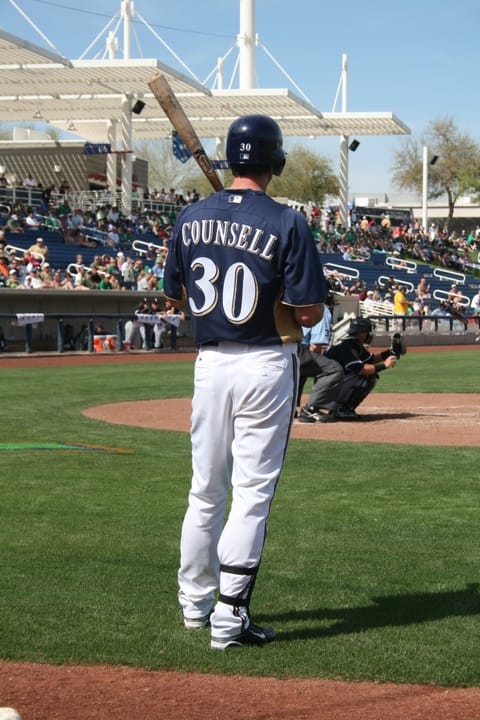 Craig Counsell of the Milwaukee Brwers on deck against the Chicago White Sox.