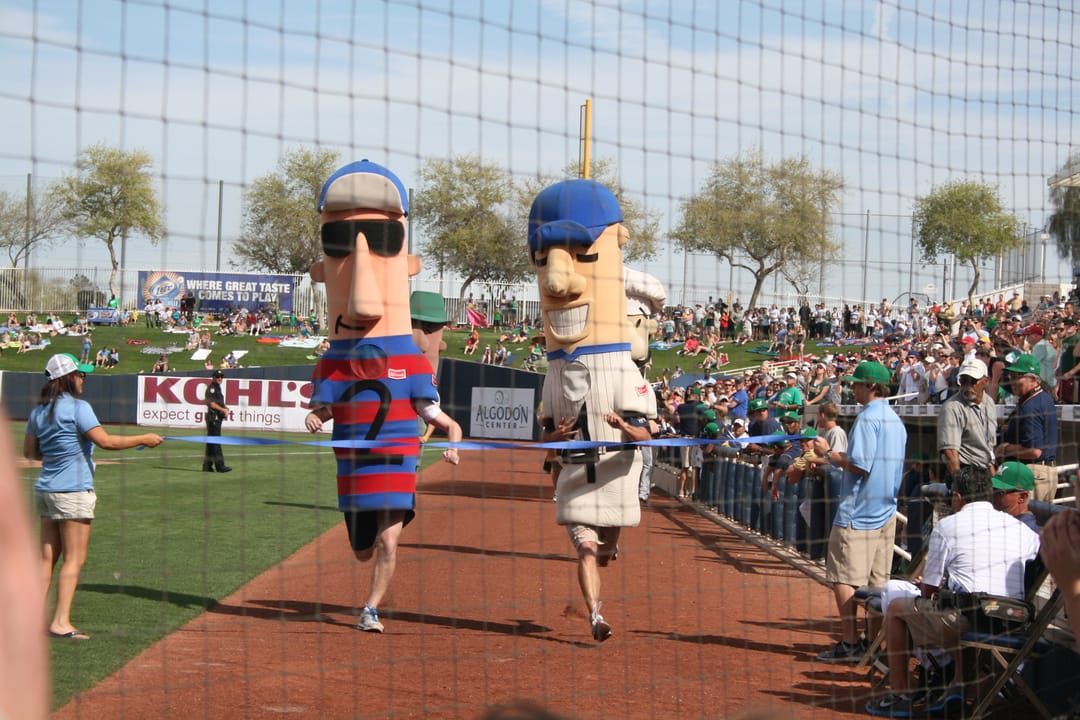 The sausages come down the line to the finish at Maryvale. Even they need spring training.