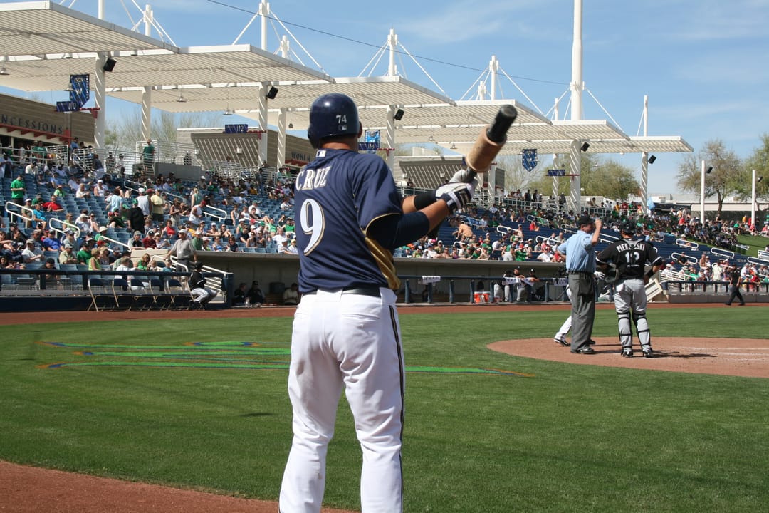 Luis Cruz warms up in the on-deck circle at Maryvale Baseball Park.