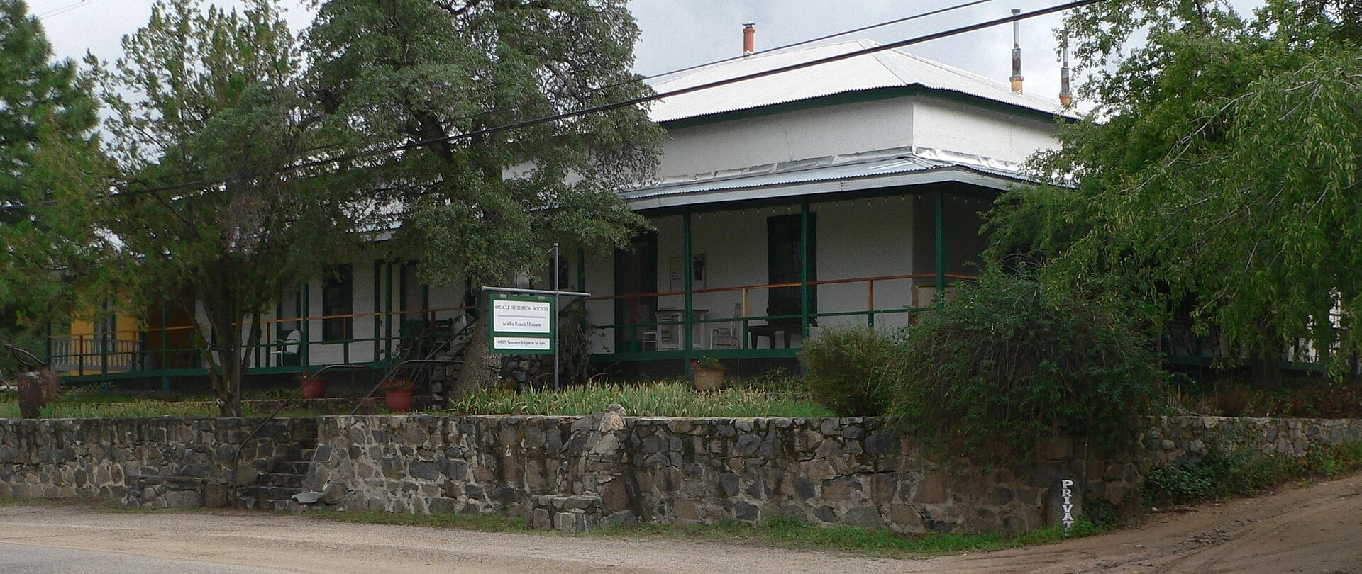 Exterior view of the Acadia Ranch Museum historic ranch house in Oracle, Arizona, seen from the northwest