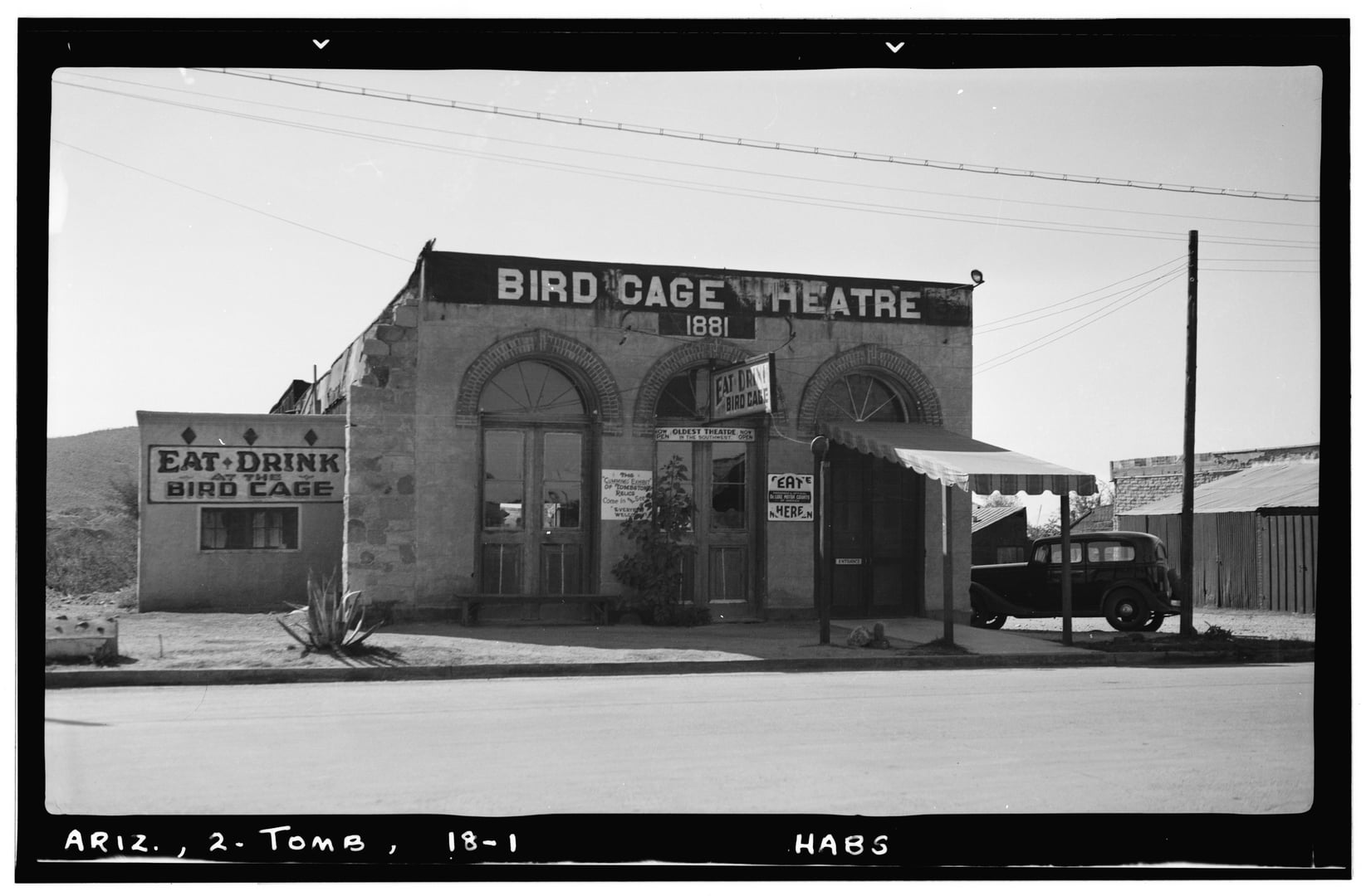 1937 Historic American Buildings Survey general view of the Bird Cage Theatre on Allen Street in Tombstone, Arizona