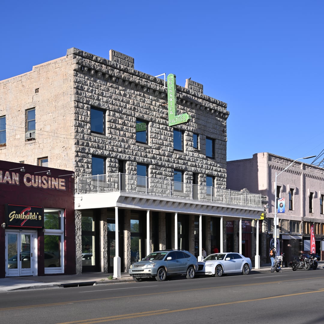 Exterior of the historic Brunswick Hotel on Andy Devine Avenue, Kingman, Arizona