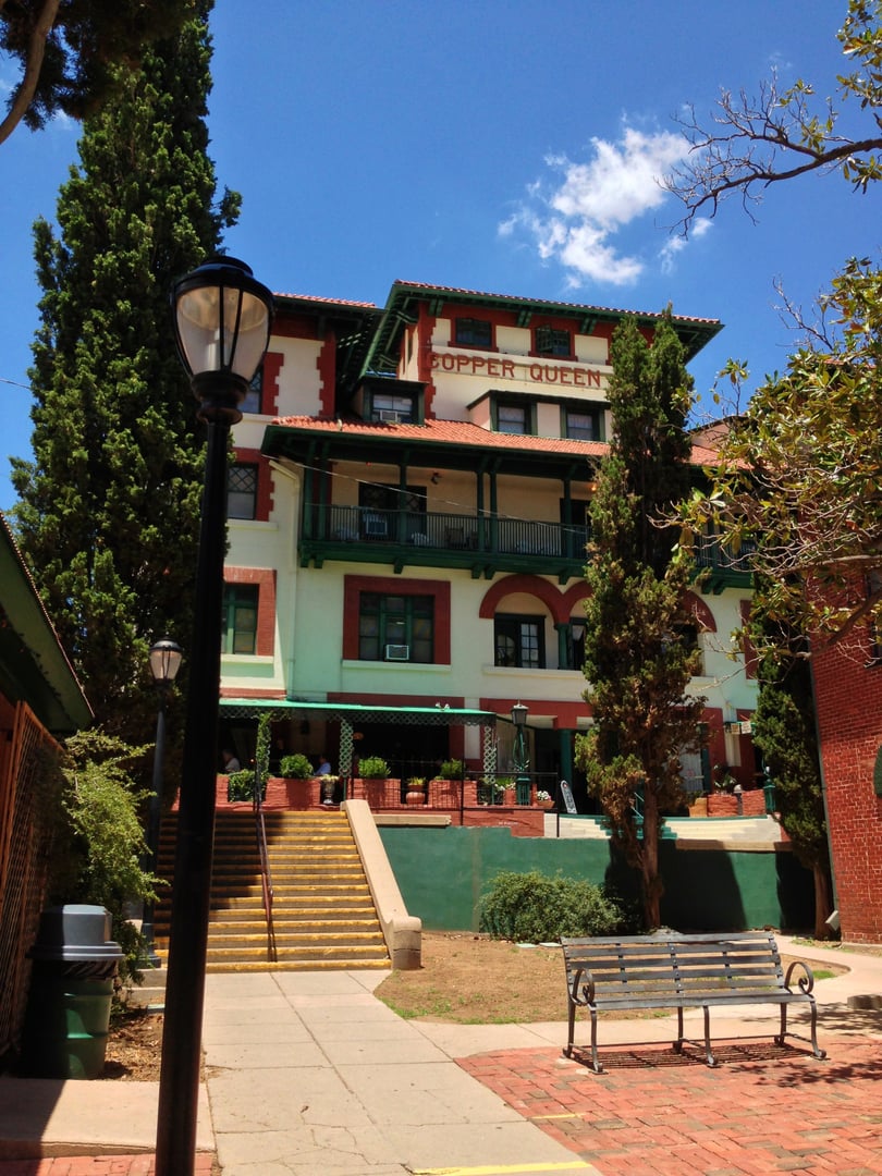 Front facade of the historic Copper Queen Hotel in Bisbee, Arizona