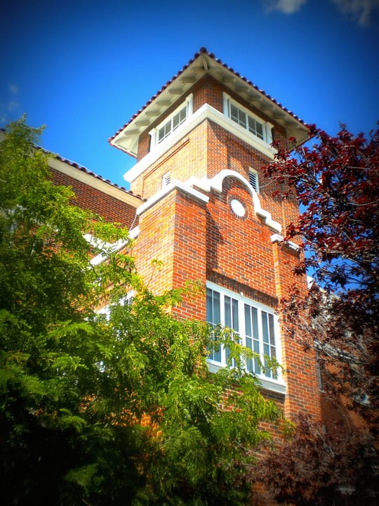 The Hassayampa Inn's Mission/Spanish Revival roof tower, seen from the courtyard.