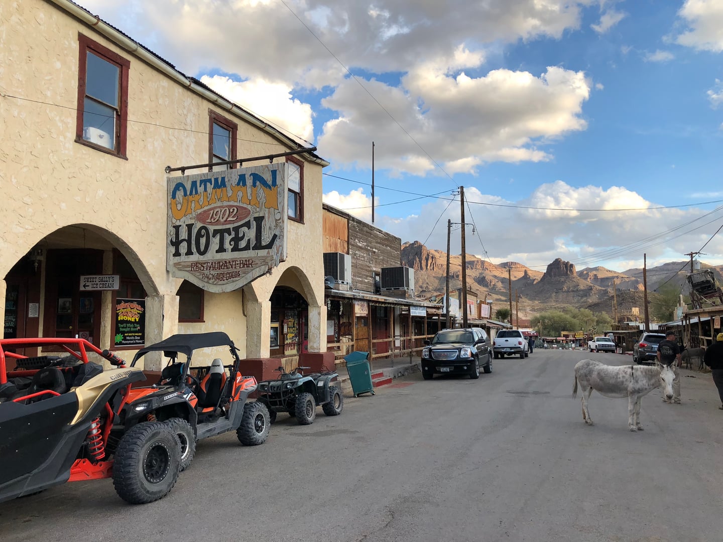 The historic two-story Durlin/Oatman Hotel along the main street of Oatman, Arizona, a Route 66 mining town landmark on the National Register of Historic Places