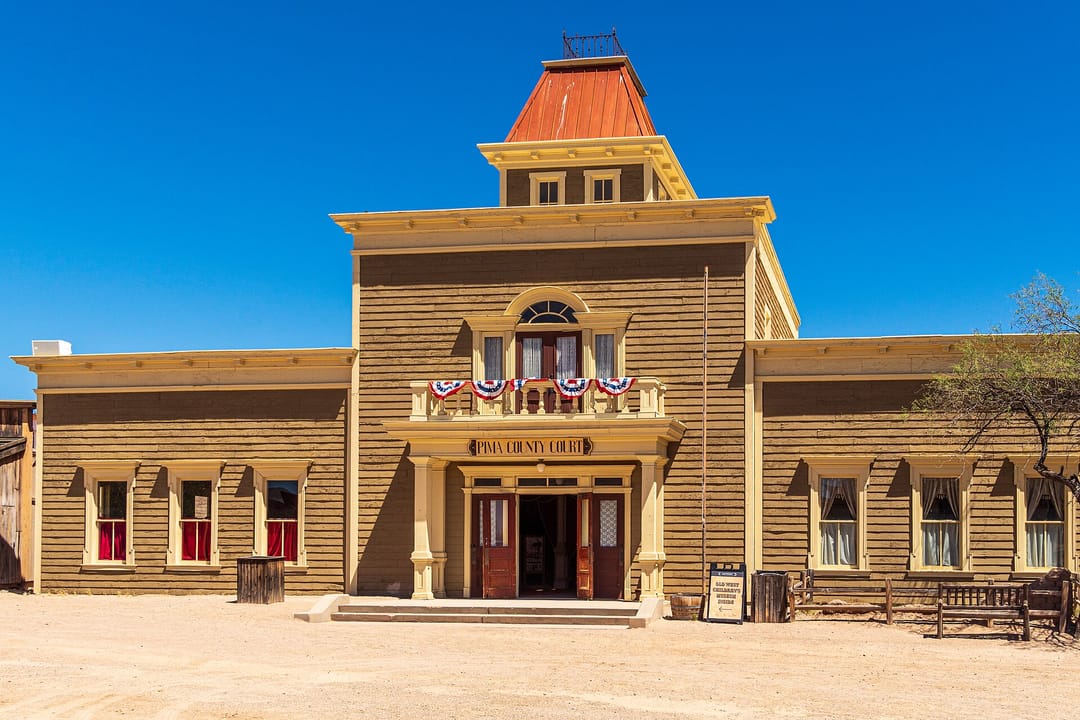 The "Pima County Courthouse" false-front set building at Old Tucson Studios, Tucson, Arizona.