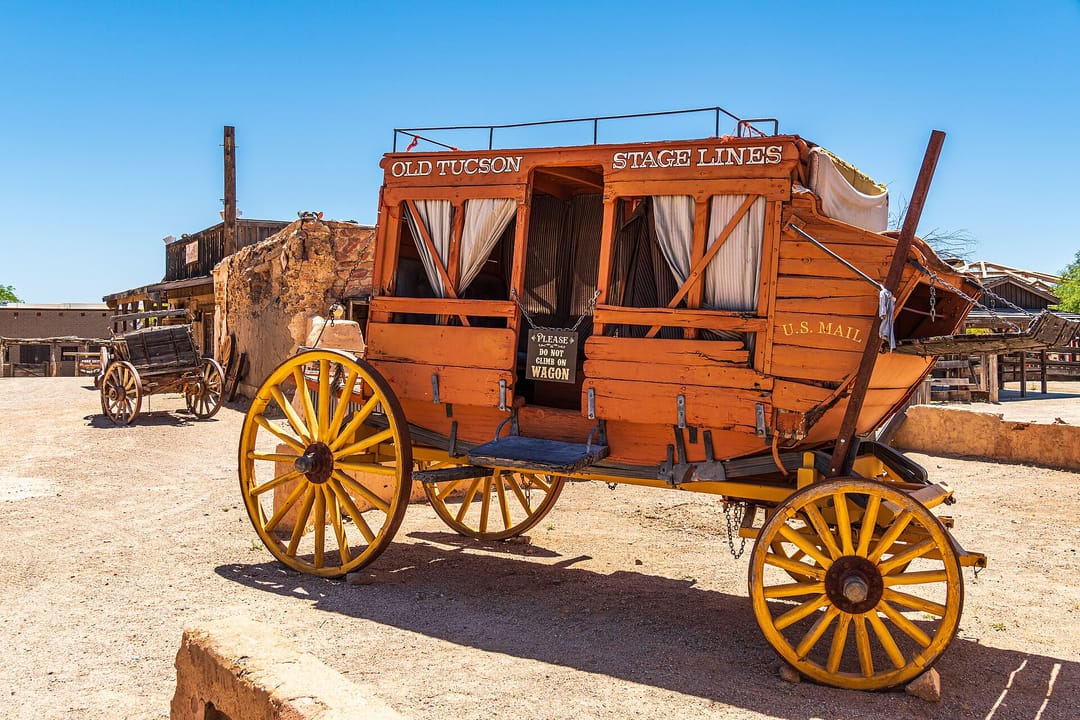 An "Old Tucson Stage Lines" stagecoach prop on display at Old Tucson Studios, Tucson, Arizona.