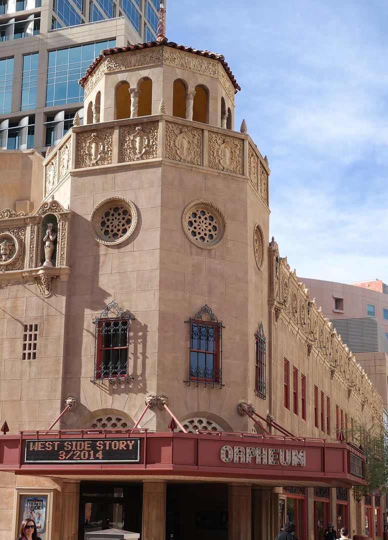 Corner facade of the Orpheum Theatre at 203 W Adams Street in downtown Phoenix, Arizona, showing the 1929 Spanish Baroque Revival exterior