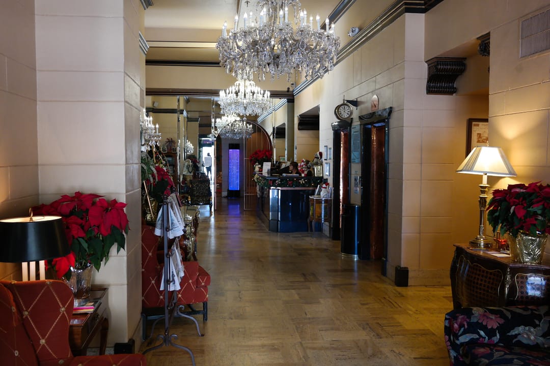 A chandelier-lit hallway inside the Hotel San Carlos lobby in Phoenix, December 2013.