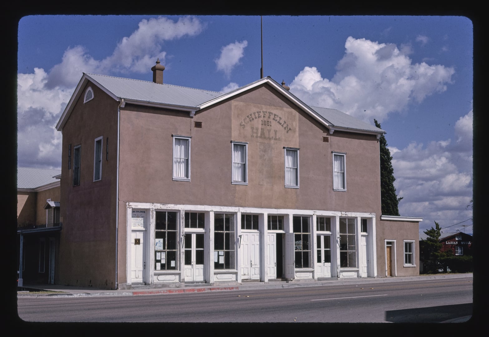 Schieffelin Hall adobe theater exterior in Tombstone, Arizona, photographed by John Margolies in 1991