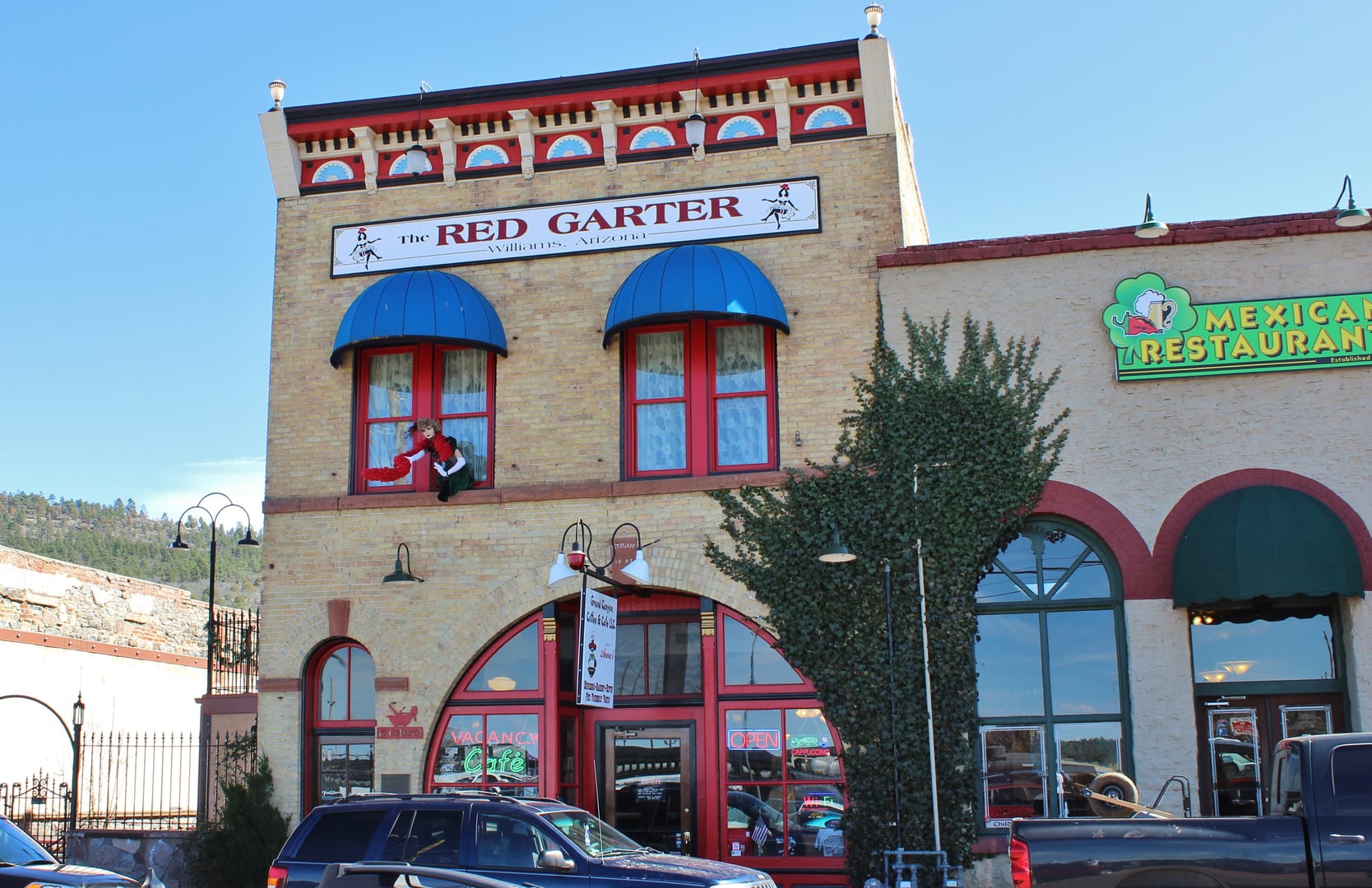 The historic two-story brick Red Garter Inn building in Williams, Arizona