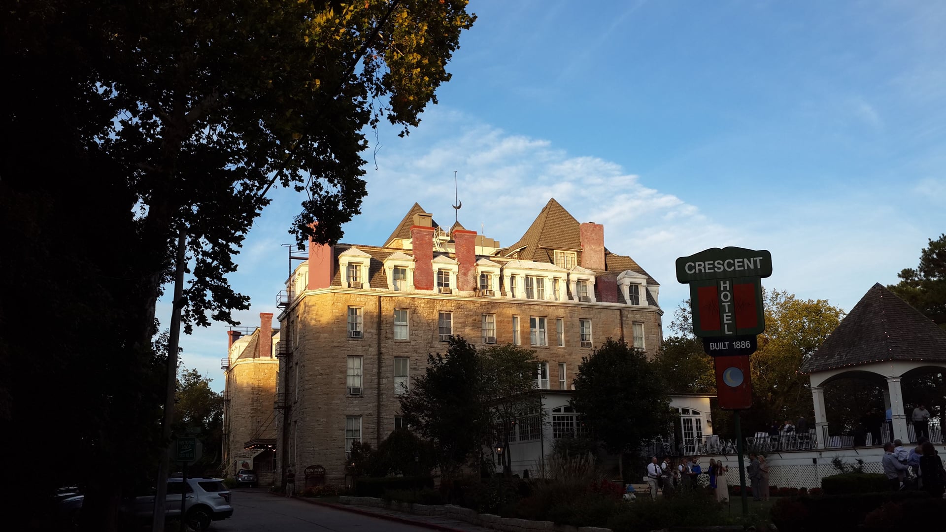 1886 Crescent Hotel exterior in Eureka Springs, Arkansas — historic stone Romanesque Revival hotel viewed from below