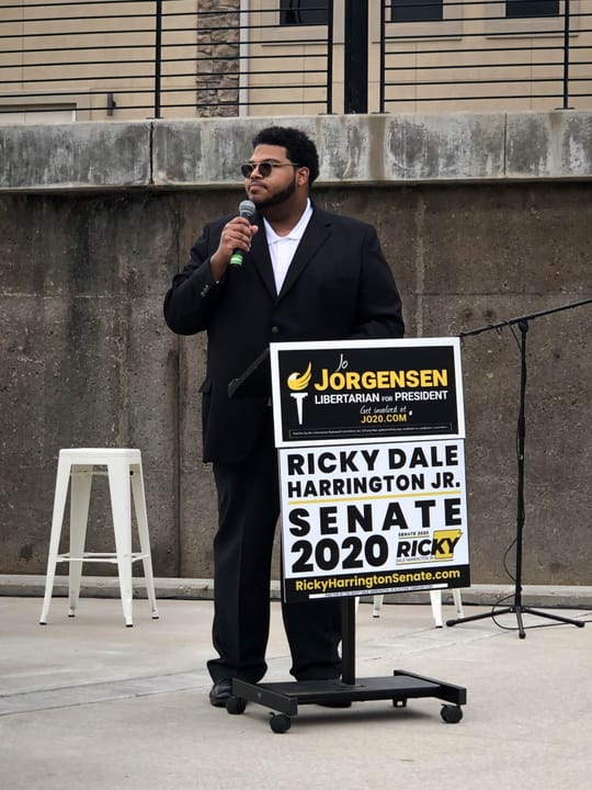 Ricky Dale Harrington Jr., Libertarian nominee for the 2020 United States Senate election in Arkansas, speaking at a joint criminal justice reform campaign event with vice presidential nominee Spike Cohen at Walter Turnbow Park in Springdale, Arkansas