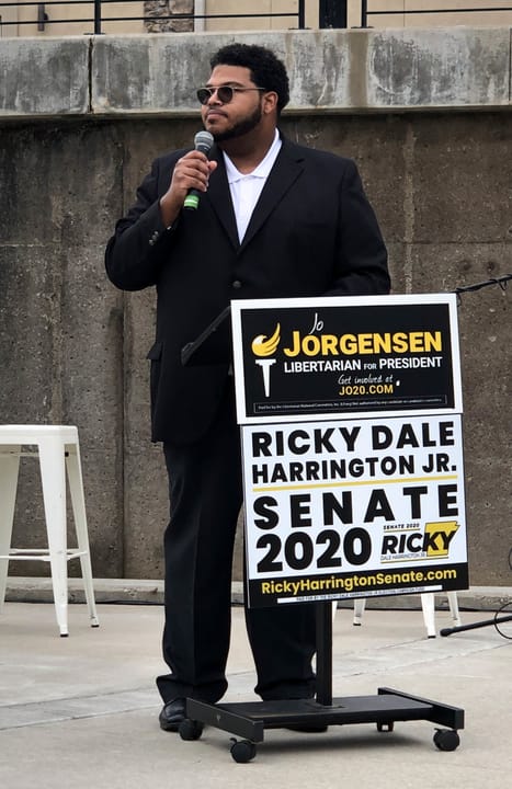 Ricky Dale Harrington Jr., Libertarian nominee for the 2020 United States Senate election in Arkansas, speaking at a joint criminal justice reform campaign event with vice presidential nominee Spike Cohen at Walter Turnbow Park in Springdale, Arkansas