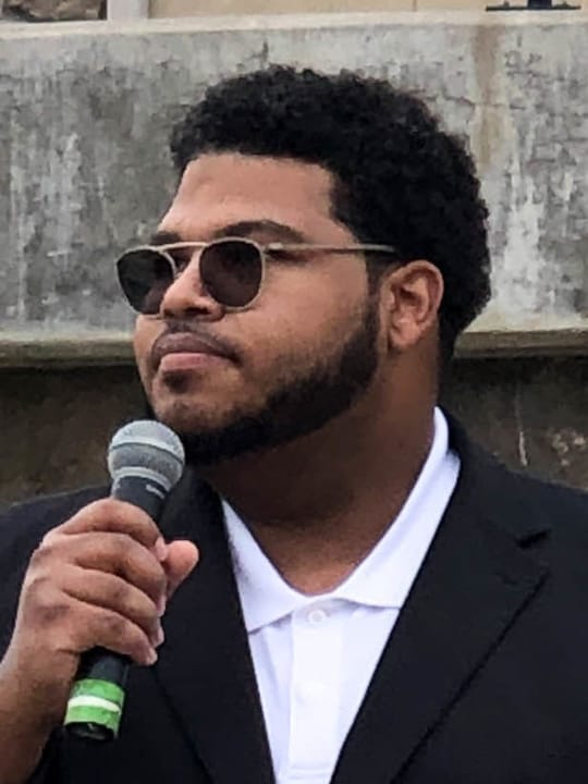 Ricky Dale Harrington Jr., Libertarian nominee for the 2020 United States Senate election in Arkansas, speaking at a joint criminal justice reform campaign event with vice presidential nominee Spike Cohen at Walter Turnbow Park in Springdale, Arkansas
